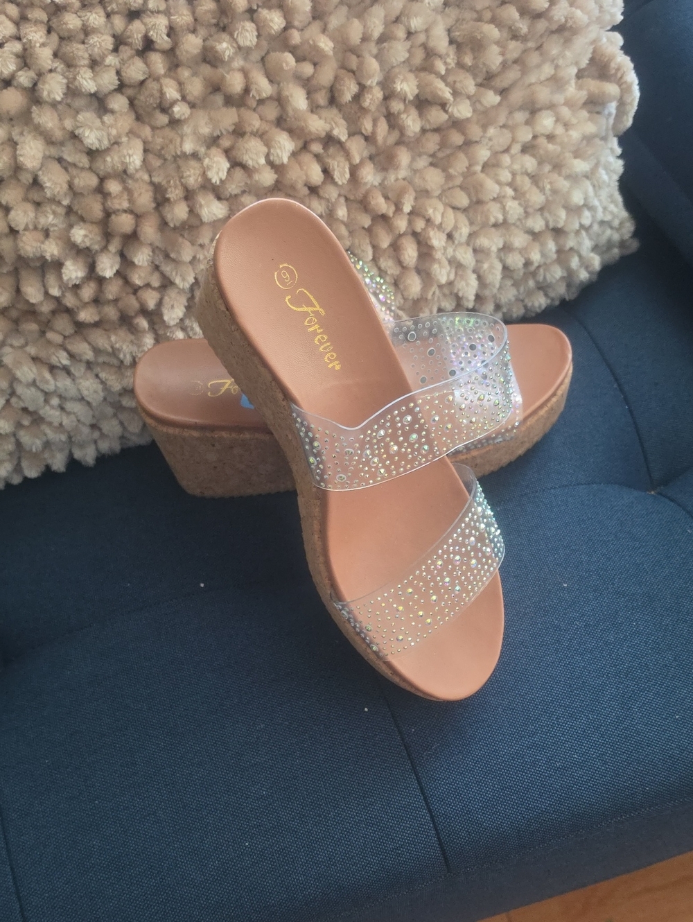 Forever 21 Tan Cork Wedge Sandals with Clear Sparkle Straps